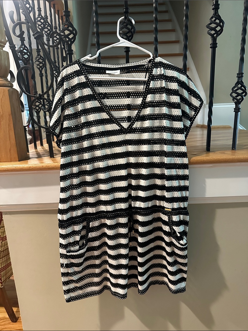 Striped Black & White V-Neck Tunic Cover Up